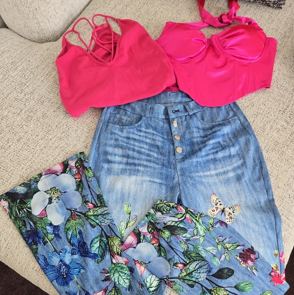 Floral Denim Jeans with Pink Tops - Picture 1 of 3